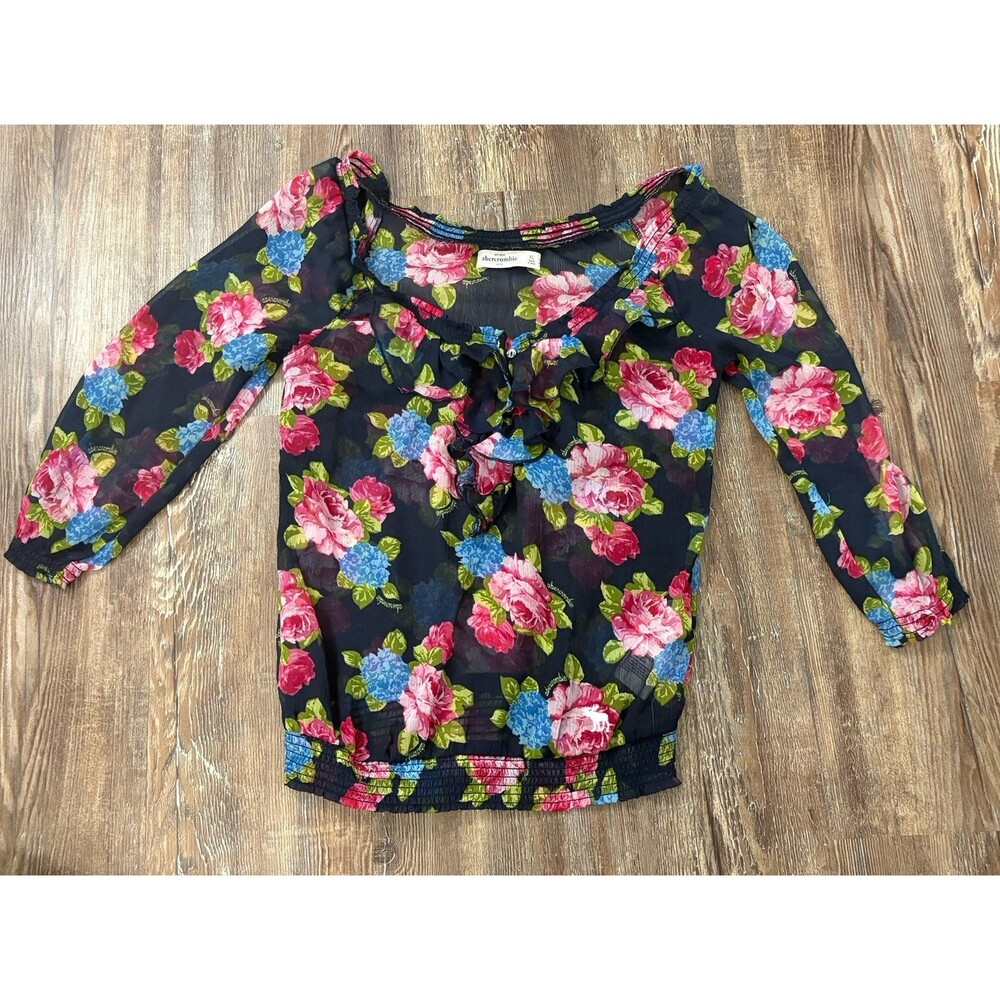 Abercrombie Kids Floral Ruffle Sheer Stretch Blouse Size XL Preppy Cute Summer